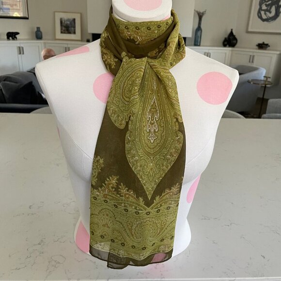 Vintage Sheer Paisley Print Scarf Olive Green White Tan No Tags Sz OS - no tags - Picture 6 of 7